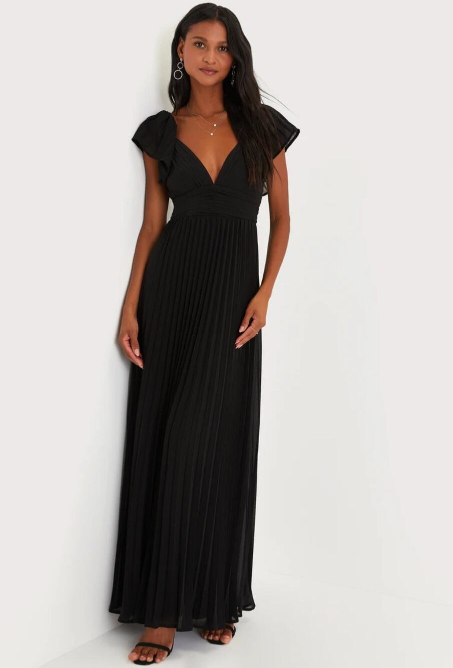 Lulus Ideal Occasion Black Pleated Flutter Sleeve Backless Maxi Dress Small NWOT